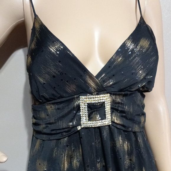 Vintage Dresses & Skirts - Vintage 80s Icon USA polyester spandex spaghetti strap black / gold dress, sz L